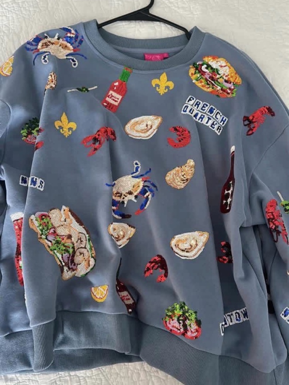 QUEEN OF SPARKLES Blue Sequin Seafood Patch Sweatshirt